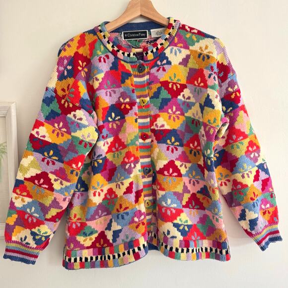 CHRISTINE FOLEY VTG Geometric Red Cardigan Sweater Size Medium - Picture 1 of 5